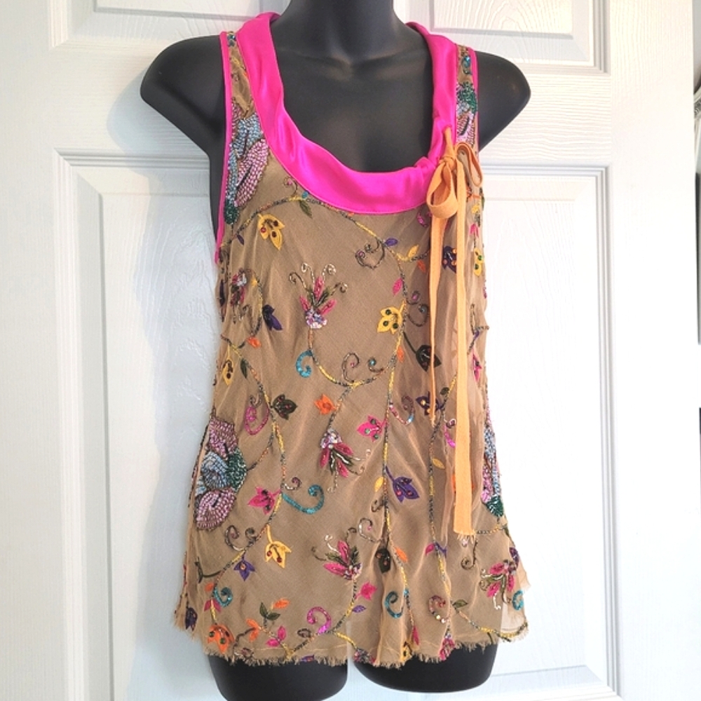 Poleci 100% Silk Rare Sheer & Stretchy Embroidered & Sequin Y2K Blouse Size 6